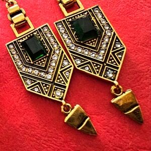 Gold Aztec Design Earrings with Green Glass